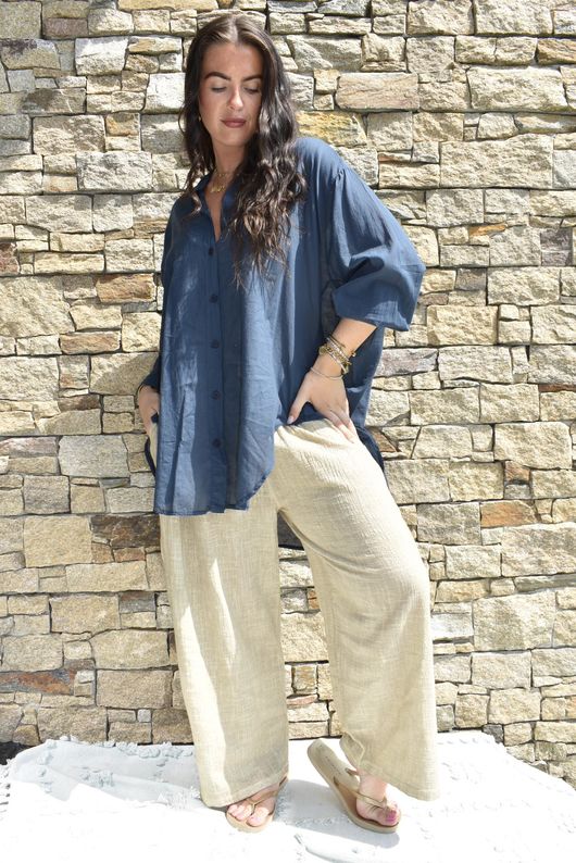 Shayle Indian Cotton Boyfriend Beach Shirt Navy